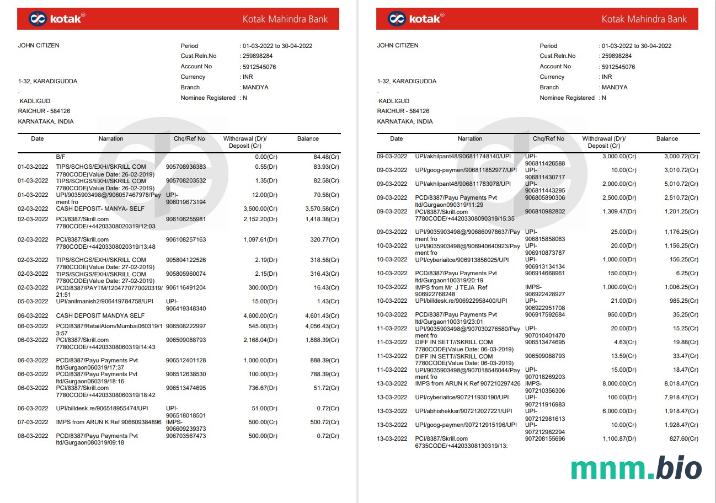 Szablon wyciągu bankowego India Kotak Mahindra, format Word i PDF, 4 strony, Wersja 2